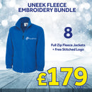 Blue fleece jacket with a logo on a snowy background, advertising an embroidery bundle offer.