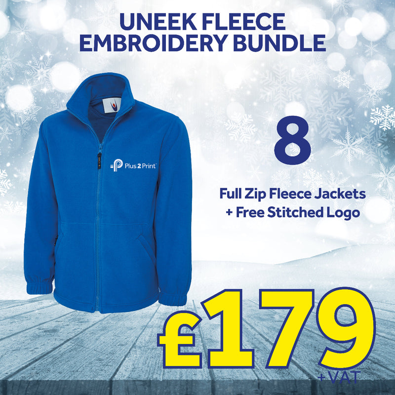 Blue fleece jacket with a logo on a snowy background, advertising an embroidery bundle offer.