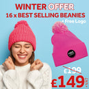 Woman wearing a pink beanie with a free logo label, promotional text for winter offer on a blue background.