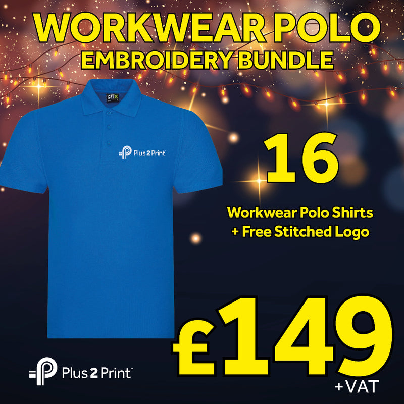 Blue workwear polo shirt with embroidery bundle offer on a dark background