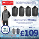 Promotional image of Result bodywarmers with a man wearing one, and text detailing product details.