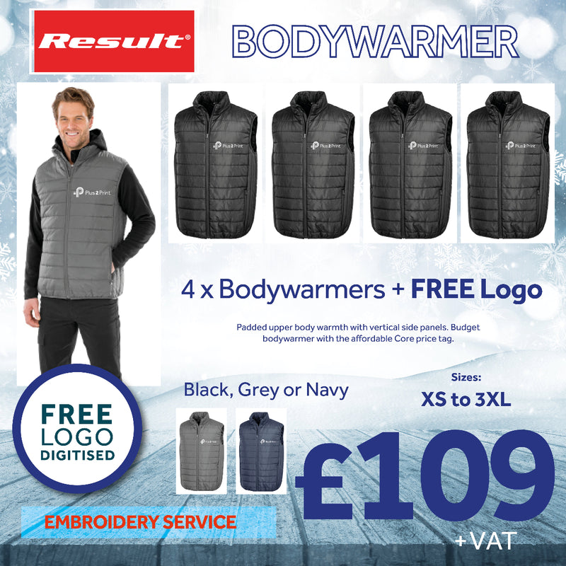 Promotional image of Result bodywarmers with a man wearing one, and text detailing product details.
