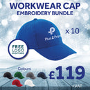Promotional image of a blue workwear cap with embroidery bundle offer on a snowy background.