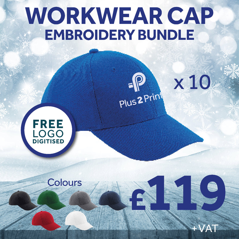 Promotional image of a blue workwear cap with embroidery bundle offer on a snowy background.