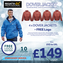 Advertisement for Regatta Professional Dover jackets with a man wearing a blue jacket, product images, and promotional text.