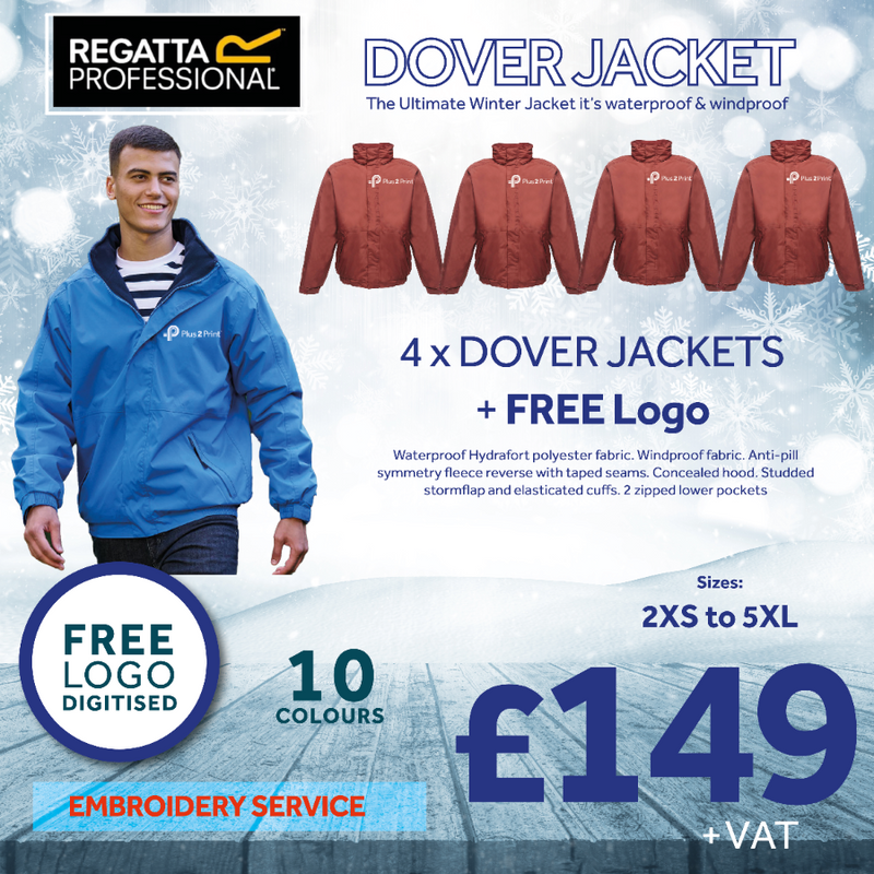 Advertisement for Regatta Professional Dover jackets with a man wearing a blue jacket, product images, and promotional text.