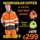 Promotional image featuring a male model wearing an orange, black, and gray hi-vis soft shell jacket with reflective tape on the body. The text indicates a workwear offer and includes a company logo and price.