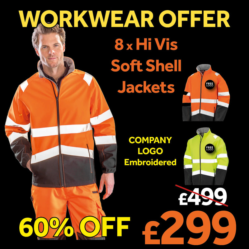 Promotional image featuring a male model wearing an orange, black, and gray hi-vis soft shell jacket with reflective tape on the body. The text indicates a workwear offer and includes a company logo and price.